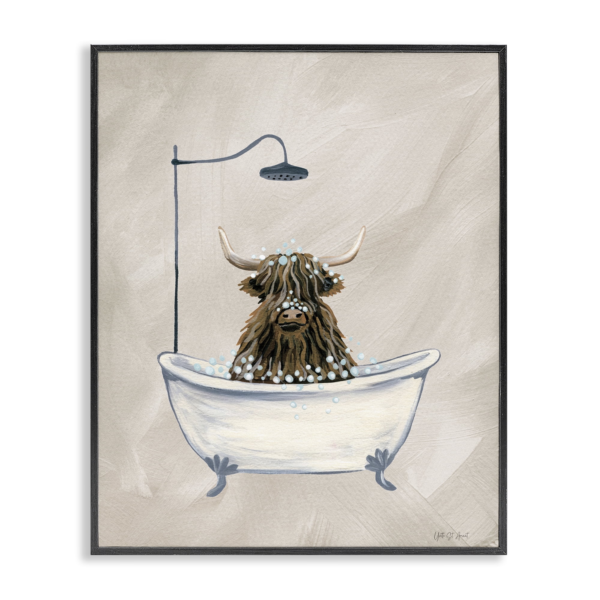 Stupell Industries Highland Cow Bubble Bath Typography Painting Black Framed Art Print Wall Art, 16 x 20