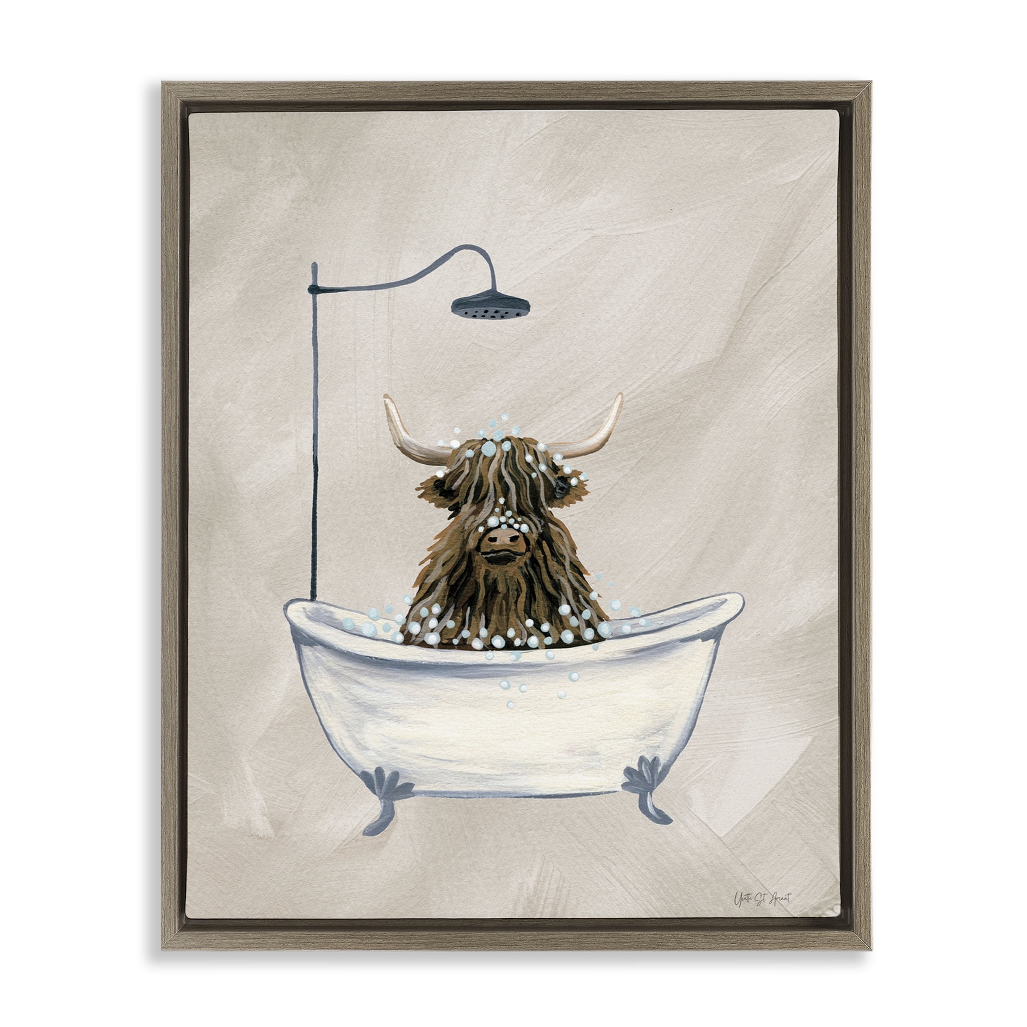 Stupell Industries Highland Cow Bubble Bath Typography Painting Brown Floater Framed Canvas Art Print Wall Art, 25 x 31