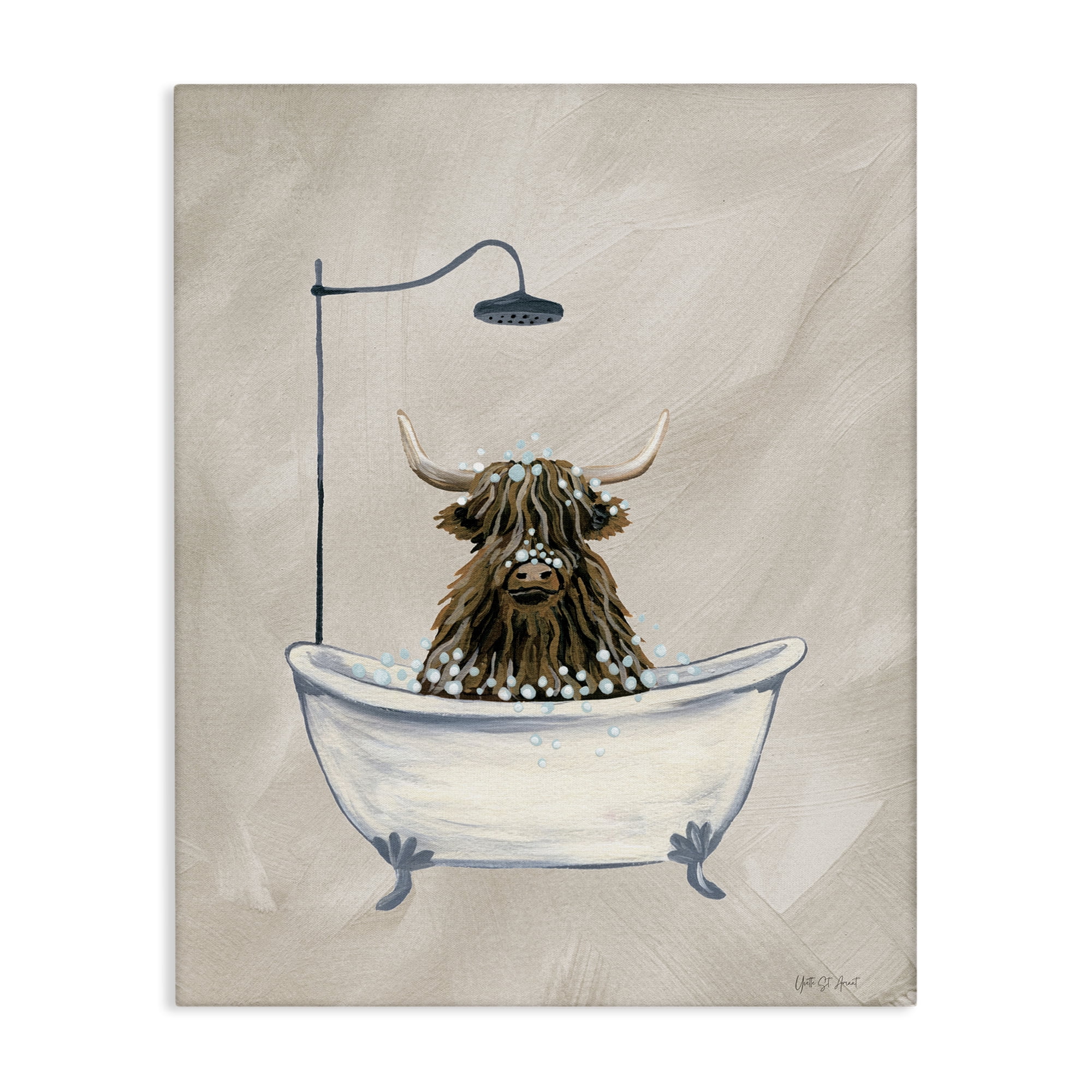 Stupell Industries Highland Cow Bubble Bath Typography Painting Gallery Wrapped Canvas Art Print Wall Art, 36 x 48