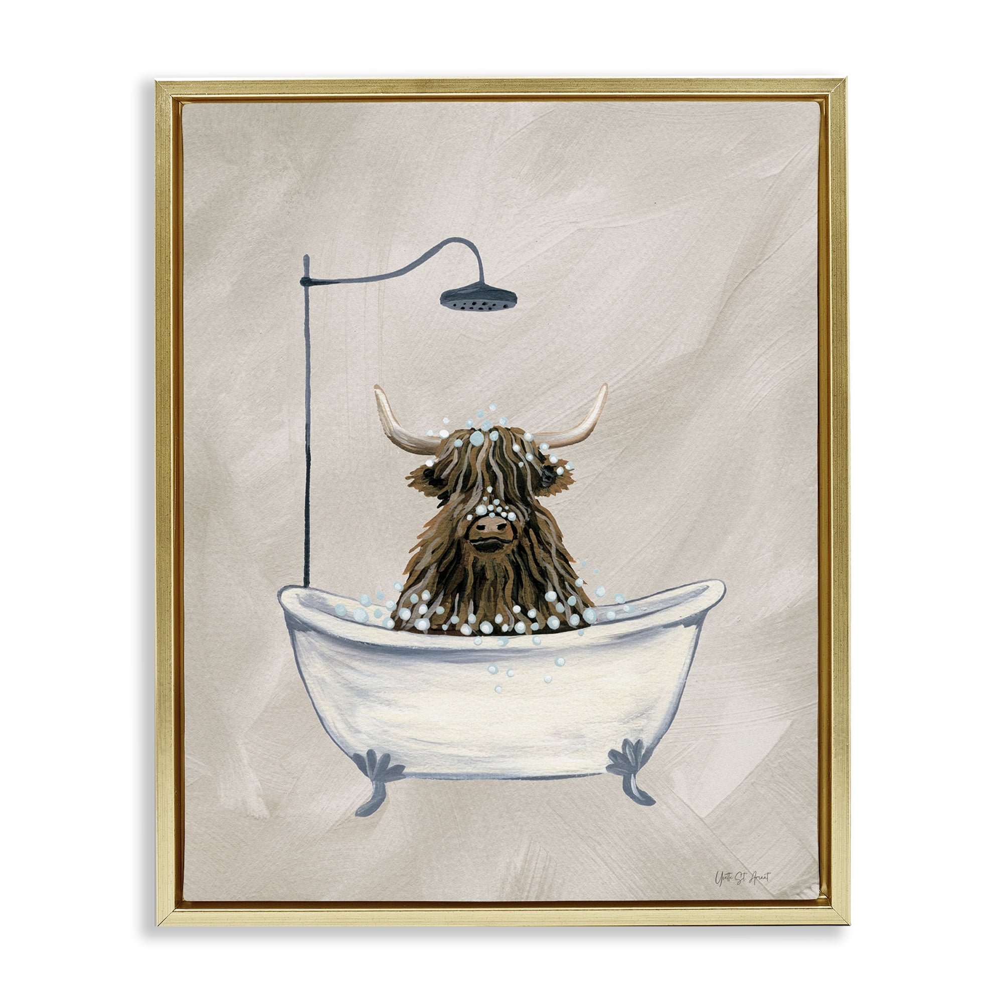 Stupell Industries Highland Cow Bubble Bath Typography Painting Gold Floater Framed Canvas Art Print Wall Art, 17 x 21
