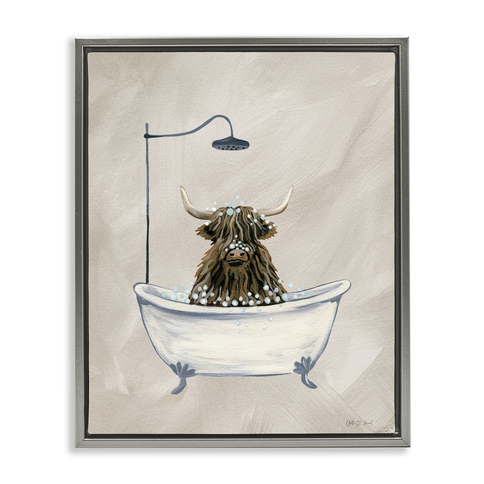 Stupell Industries Highland Cow Bubble Bath Typography Painting Gray Floater Framed Canvas Art Print Wall Art, 17 x 21