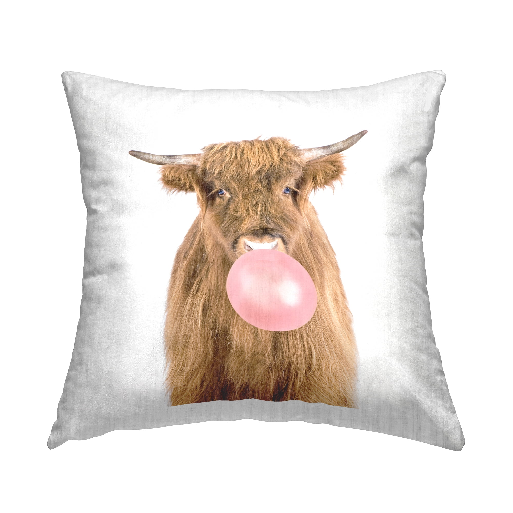 Stupell Industries Highland Cow Bubblegum Farm Animal Square Decorative Printed Throw Pillow, 18 x 18,