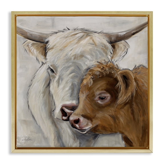 Stupell Industries Highland Cow & Calf Contrasts Gold Framed Floater Canvas Wall Art, design by Lee Keller