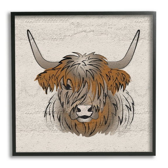 Stupell Industries Highland Cow Drawing Animals & Insects Painting Black Framed Art Print Wall Art, 12 x 12
