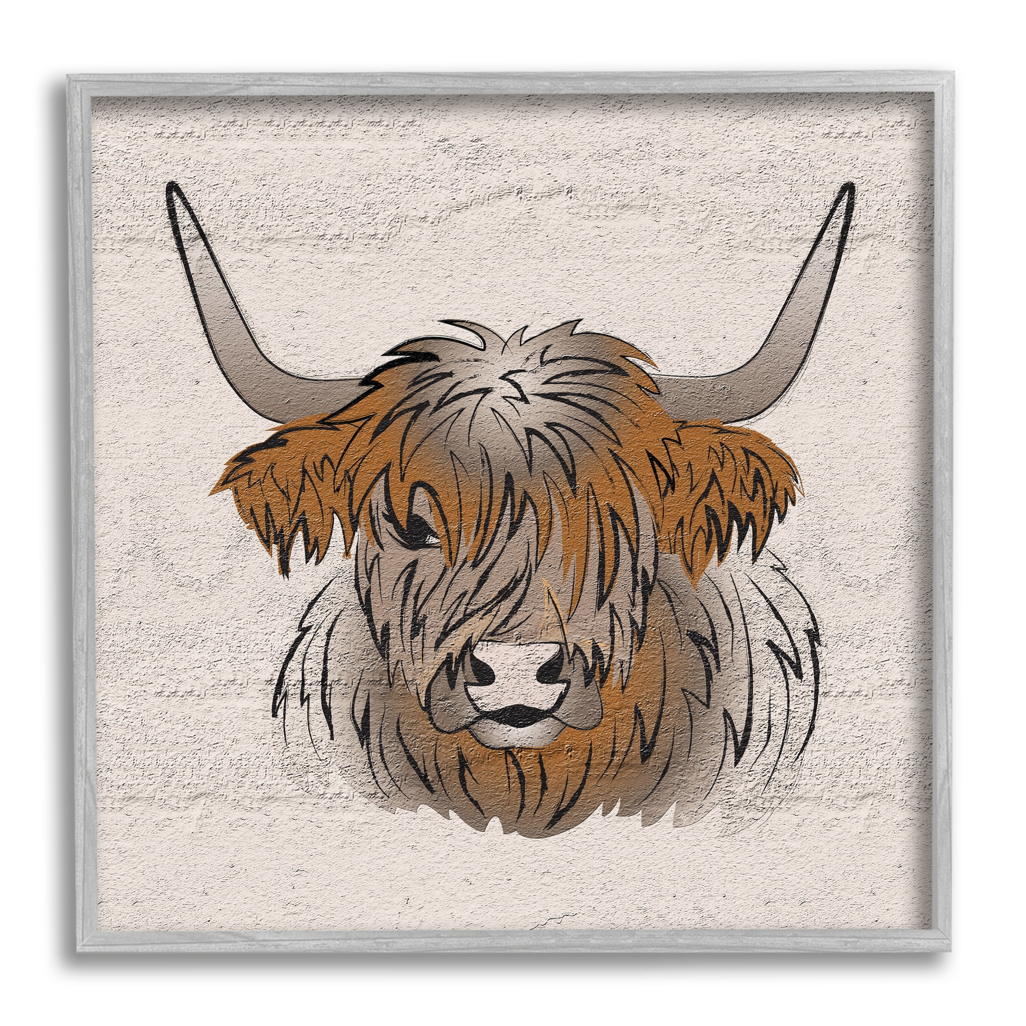 Stupell Industries Highland Cow Drawing Animals & Insects Painting Gray Framed Art Print Wall Art, 17 x 17