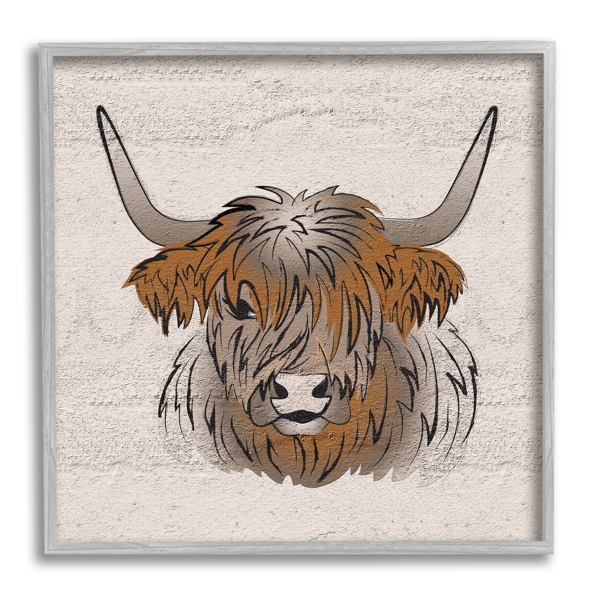 Stupell Industries Highland Cow Drawing Animals & Insects Painting Gray Framed Art Print Wall Art, 24 x 24