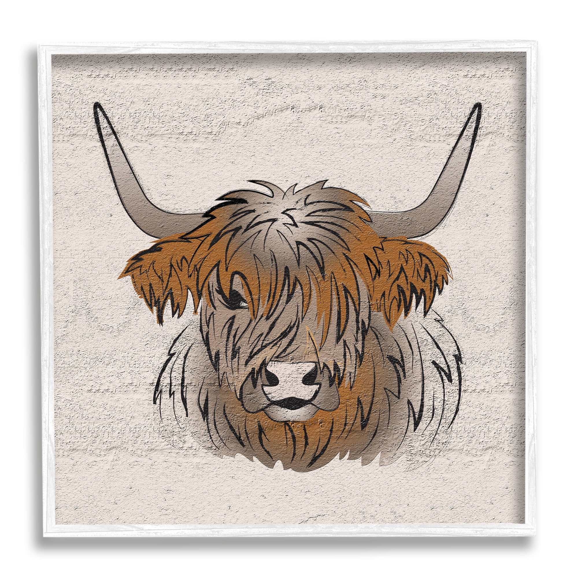 Stupell Industries Highland Cow Drawing Animals & Insects Painting White Framed Art Print Wall Art, 24 x 24