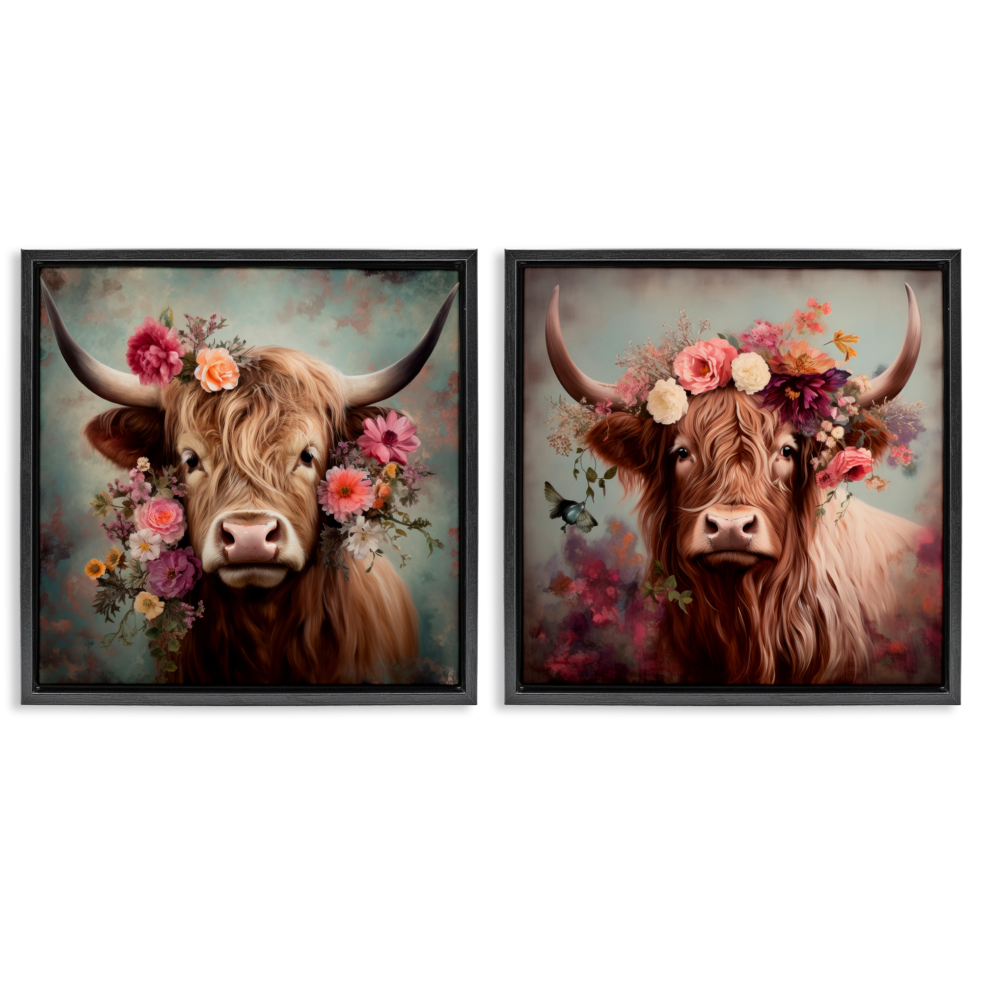 Stupell Industries Highland Cow Field Flower Crown Animals Painting Black Floater Framed Canvas Art Print Wall Art, 25 x 25, Set of 2