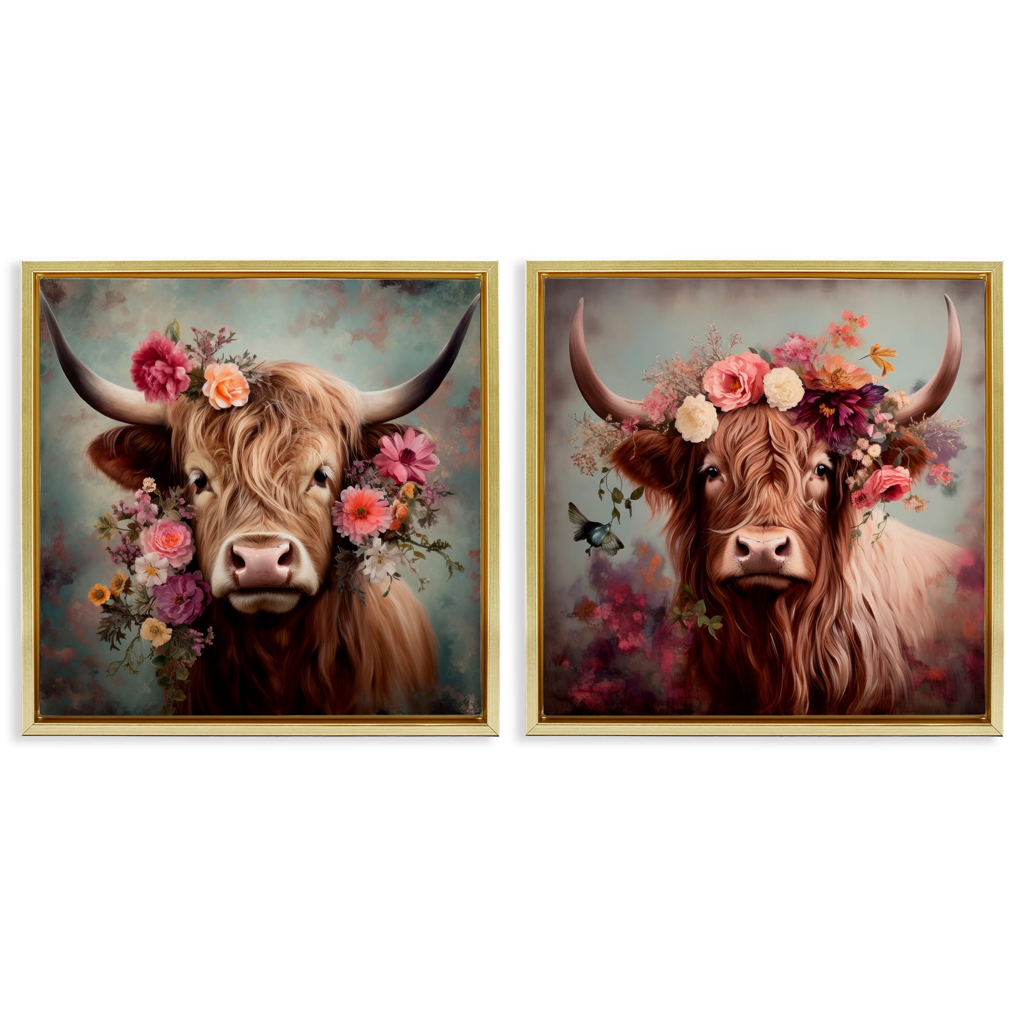 Stupell Industries Highland Cow Field Flower Crown Animals Painting Gold Floater Framed Canvas Art Print Wall Art, 25 x 25, Set of 2
