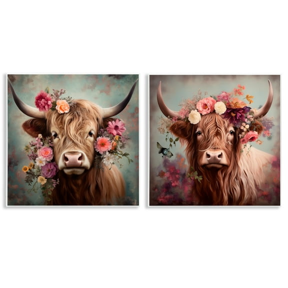 Stupell Industries Highland Cow Field Flower Crown Animals Painting Unframed Art Print Wall Art, 12 x 12, Set of 2