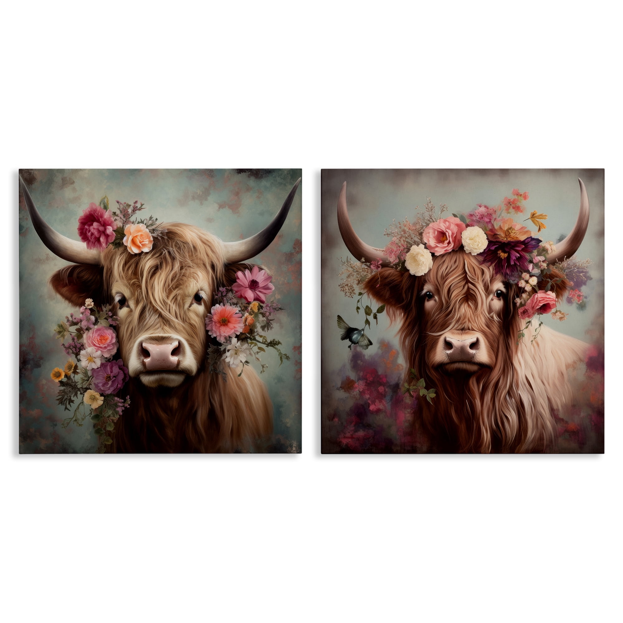 Stupell Industries Highland Cow Field Flower Crown Animals Painting Wrapped Canvas Art Print Wall Art, 17 x 17, Set of 2