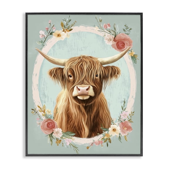 Stupell Industries Highland Cow In Floral Border Black Framed Giclee Art design by Petal Prints Design, 14 x 11