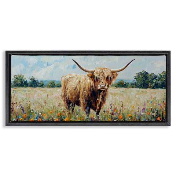 Stupell Industries Highland Cow Meadow Black Framed Floater Canvas Wall Art design by Petal Prints Design, 14 x 31