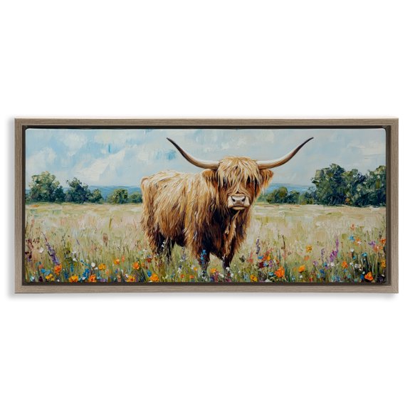 Stupell Industries Highland Cow Meadow Brown Framed Floater Canvas Wall Art design by Petal Prints Design, 14 x 31