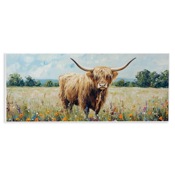 Stupell Industries Highland Cow Meadow Wall Plaque Art design by Petal Prints Design, 7 x 17