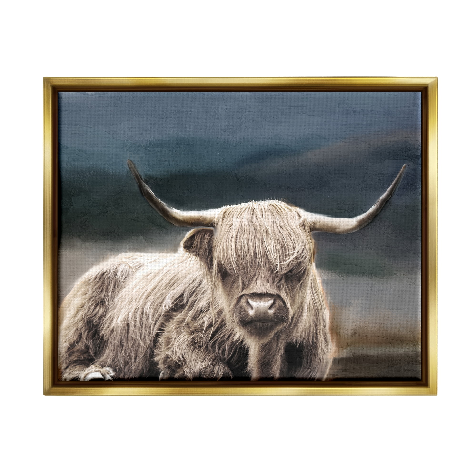 Stupell Industries Highland Cow Portrait Animals & Insects Painting Gold Floater Framed Canvas Art Print Wall Art, 21 x 17