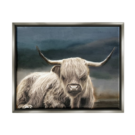 Stupell Industries Highland Cow Portrait Animals & Insects Painting Gray Floater Framed Canvas Art Print Wall Art, 31 x 25