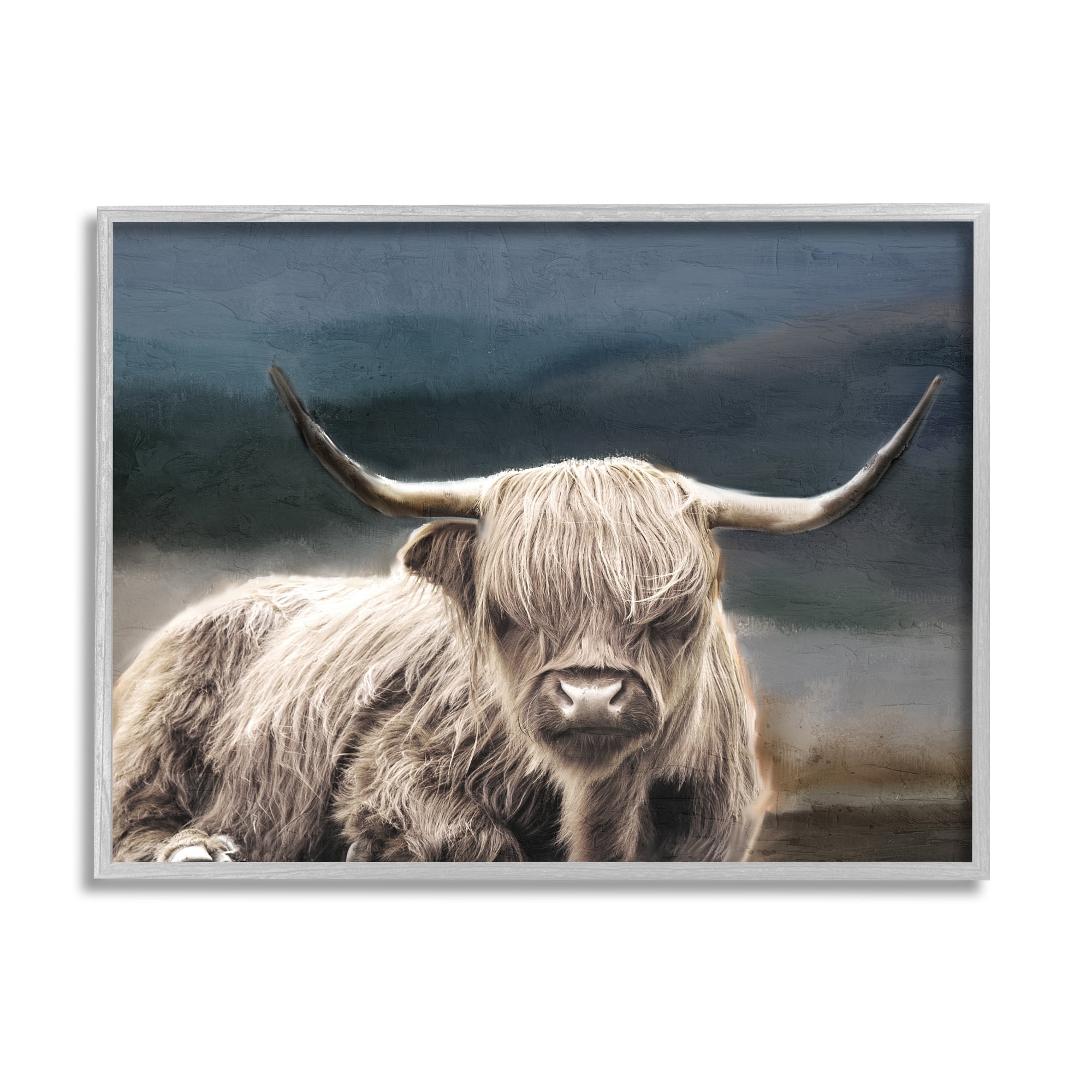 Stupell Industries Highland Cow Portrait Animals & Insects Painting Gray Framed Art Print Wall Art, 14 x 11