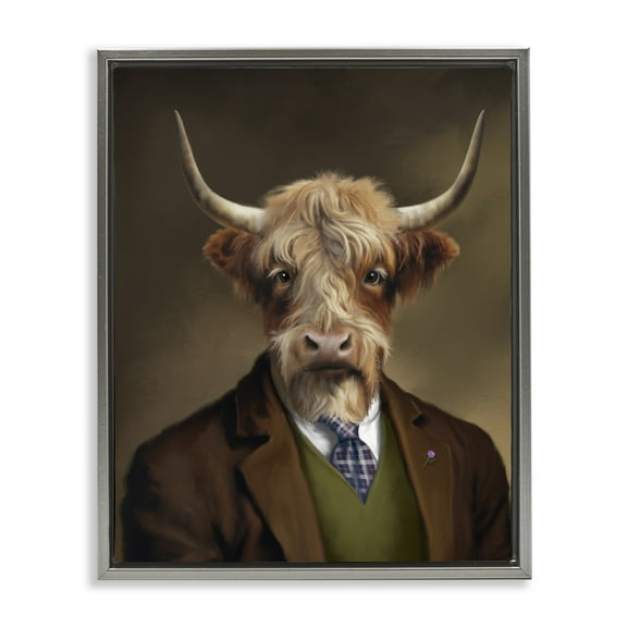 Stupell Industries Highland Cow Scottish Gentleman Gray Framed Floater Canvas Wall Art design by Matthew Piotrowicz, 31 x 25
