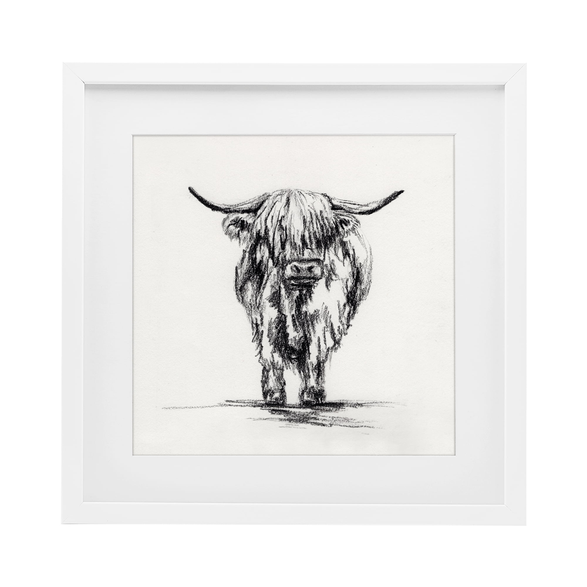 Stupell Industries Highland Cow in Charcoal White Framed Print Under Glass, design by Leah Noel Art