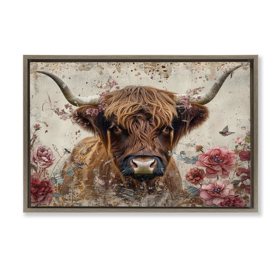 Stupell Industries Farmhouse Highland Cow in Spring Brown Floating Frame Canvas Art, 31 x 21, by LSR Design Studio