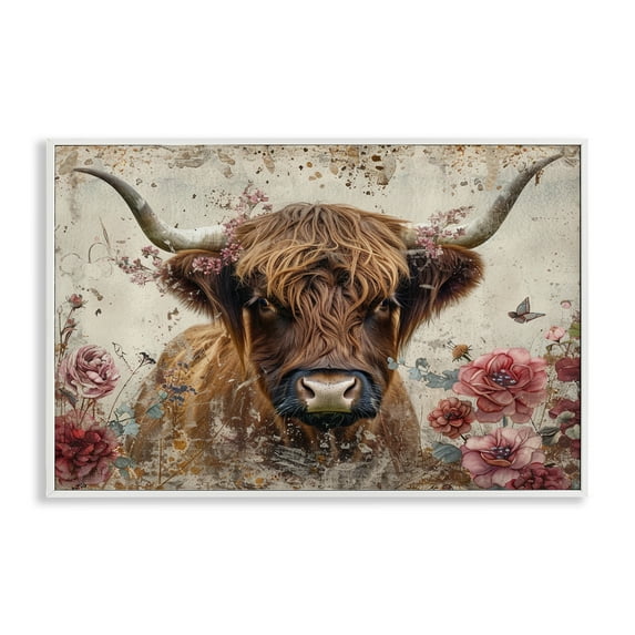 Stupell Industries Highland Cow in Spring Animals Painting White Framed Art Print Wall Art, 24 x 16