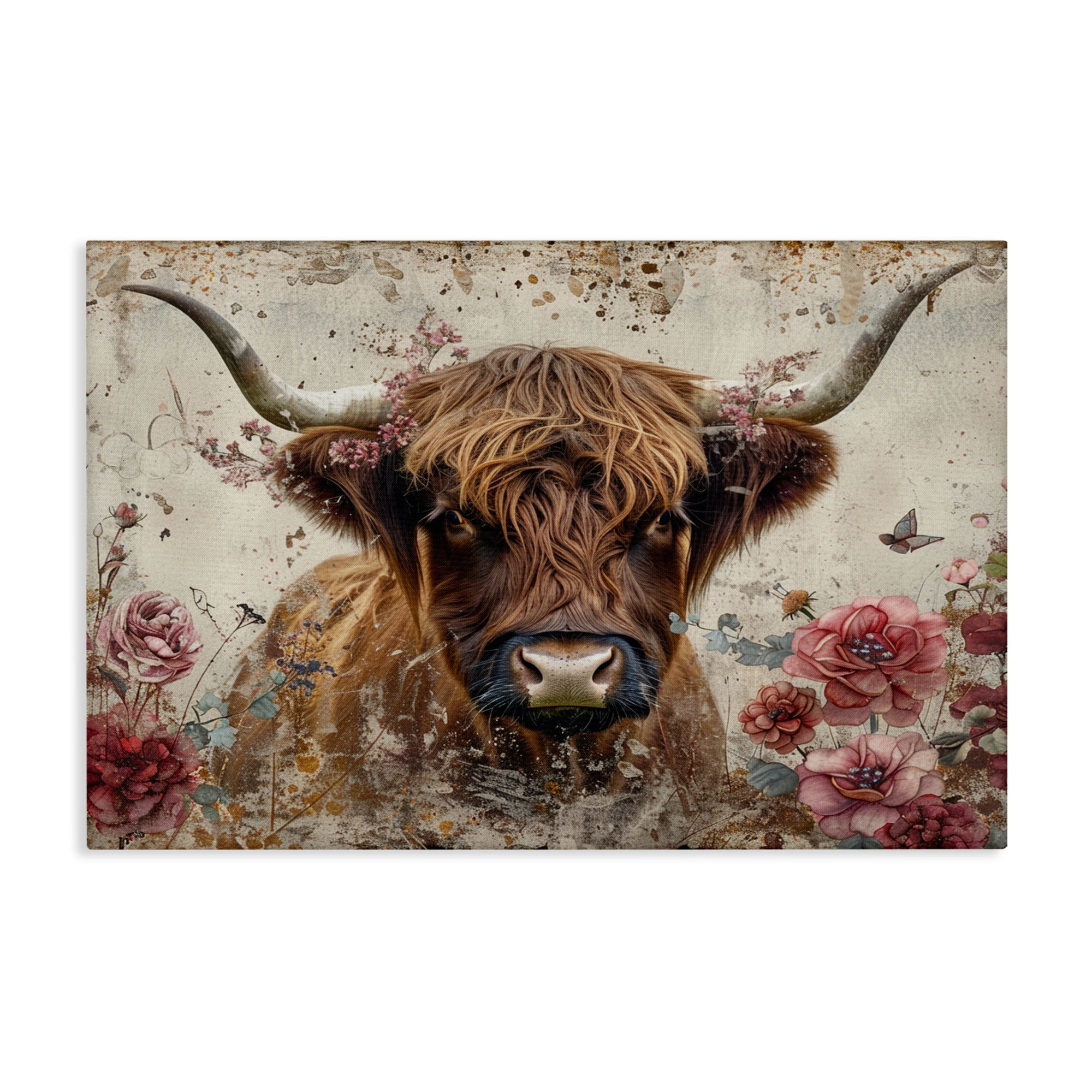 Stupell Industries Highland Cow in Spring Animals Painting Wrapped Canvas Art Print Wall Art, 30 x 20
