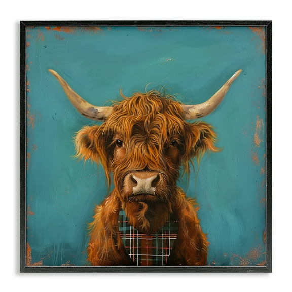 Stupell Industries Highland Cow on Blue Animals Painting Black Framed Art Print Wall Art, 12 x 12