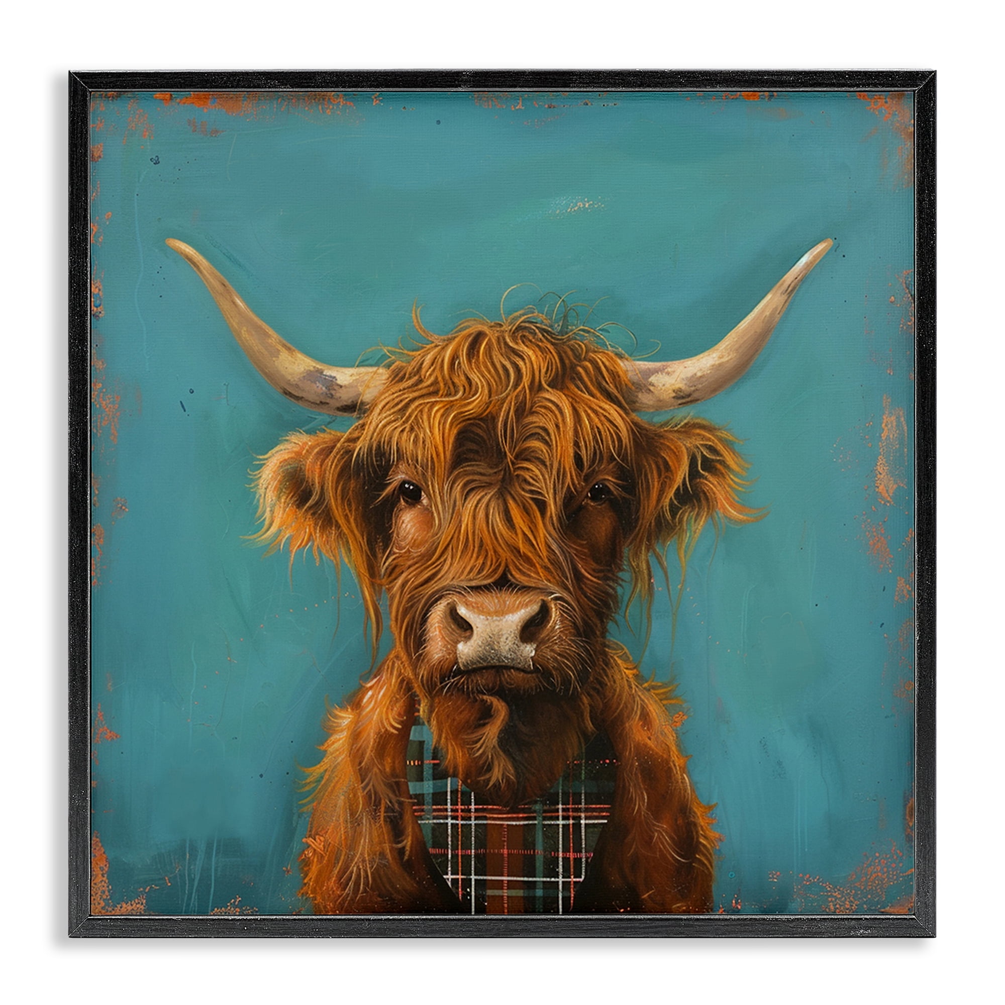 Stupell Industries Highland Cow on Blue Animals Painting Black Framed Art Print Wall Art, 17 x 17