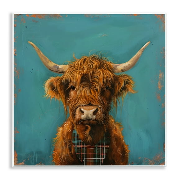 Stupell Industries Highland Cow on Blue Animals Painting Unframed Art Print Wall Art, 12 x 12