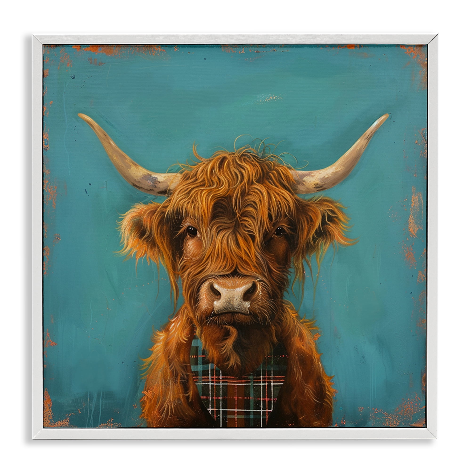 Stupell Industries Highland Cow on Blue Animals Painting White Framed Art Print Wall Art, 17 x 17