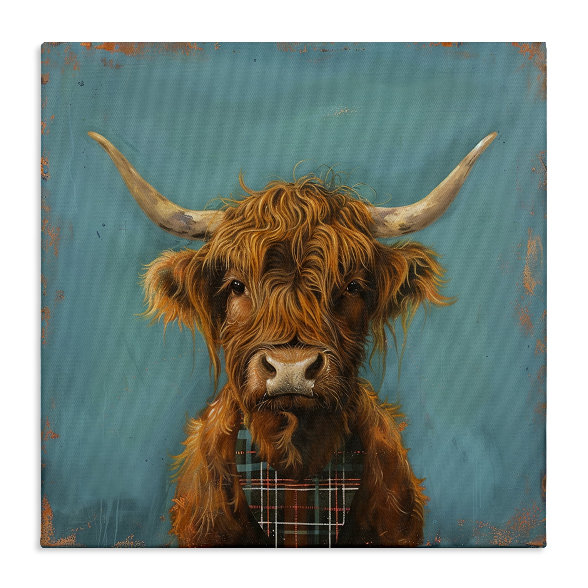 Stupell Industries Highland Cow on Blue Animals Painting Wrapped Canvas Art Print Wall Art, 24 x 24