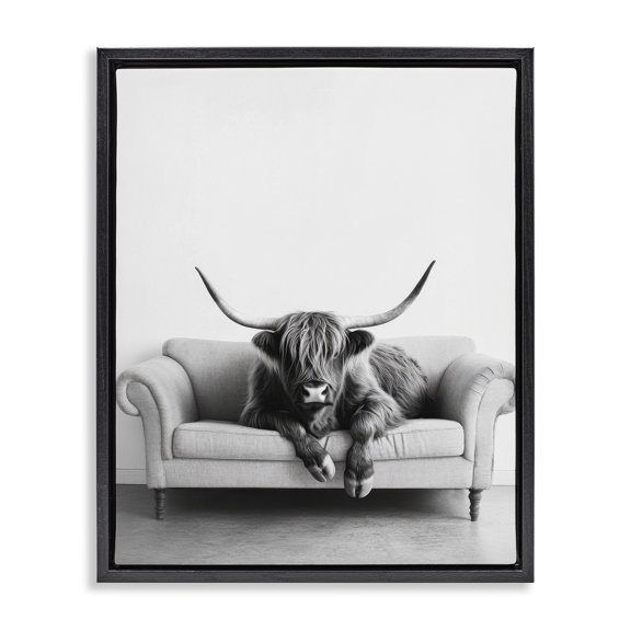 Stupell Industries Highland Cow on Couch Animals Painting Black Floater Framed Canvas Art Print Wall Art, 25 x 31