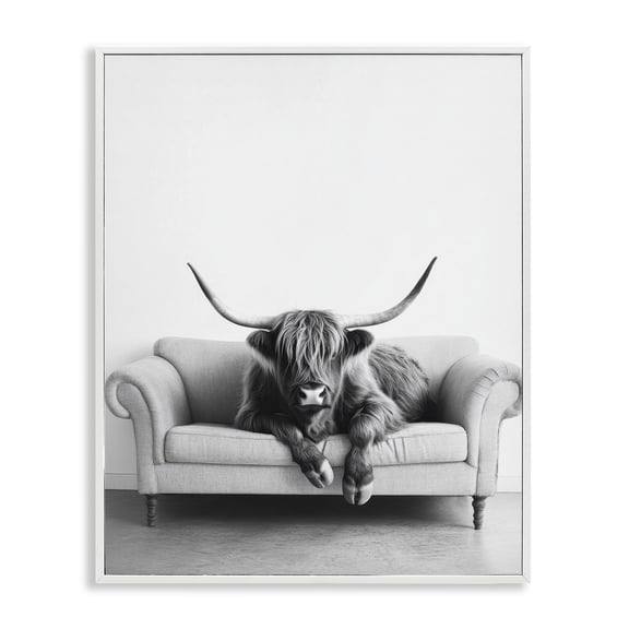 Stupell Industries Highland Cow on Couch Animals Painting White Framed Art Print Wall Art, 16 x 20