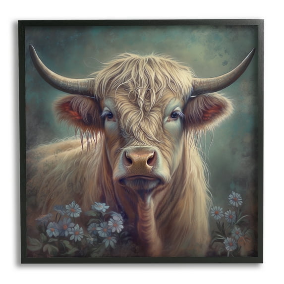 Stupell Industries Highland Cow with Daisies Animals & Insects Painting Black Framed Art Print Wall Art, 17 x 17