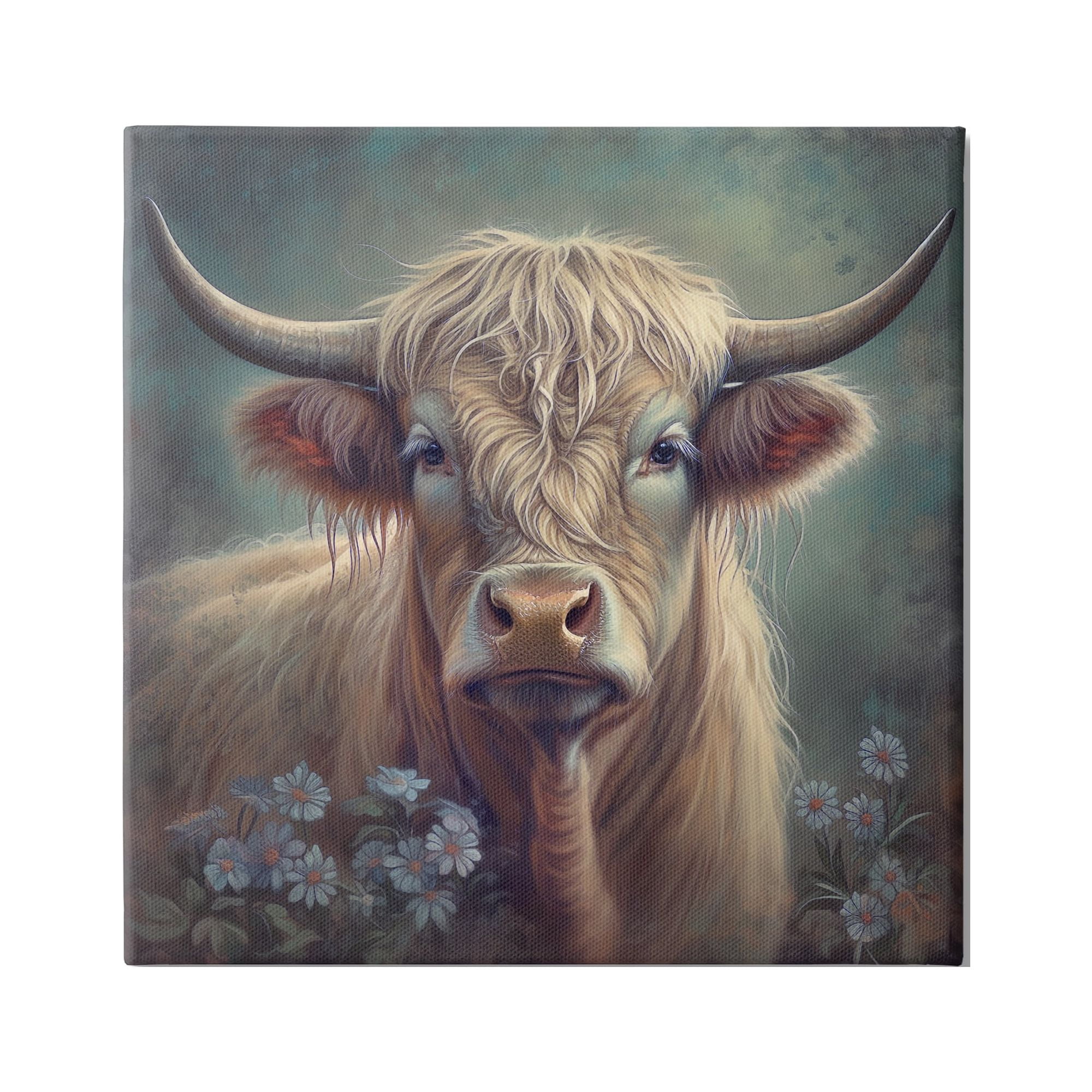 Stupell Industries Highland Cow with Daisies Animals & Insects Painting Gallery Wrapped Canvas Art Print Wall Art, 36 x 36
