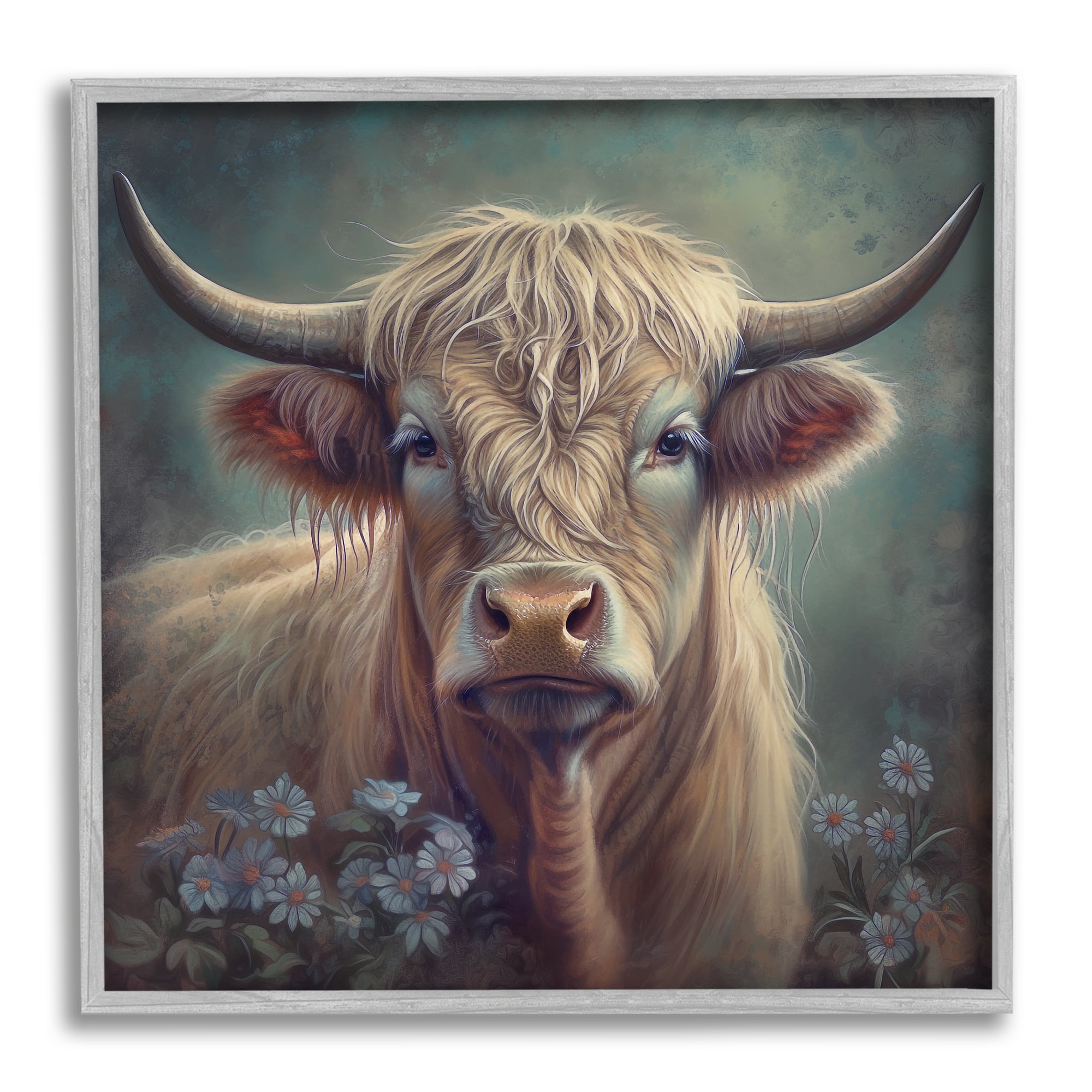 Stupell Industries Highland Cow with Daisies Animals & Insects Painting Gray Framed Art Print Wall Art, 12 x 12