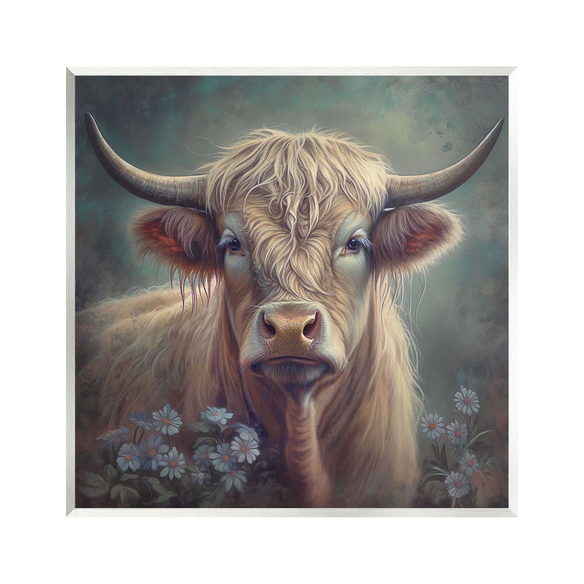 Stupell Industries Highland Cow with Daisies Animals & Insects Painting Unframed Art Print Wall Art, 12 x 12