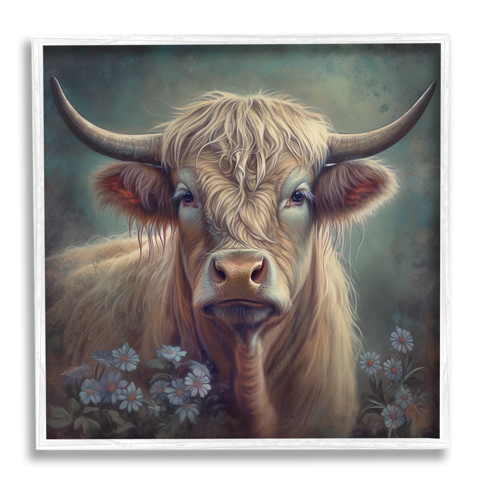 Stupell Industries Highland Cow with Daisies Animals & Insects Painting White Framed Art Print Wall Art, 12 x 12