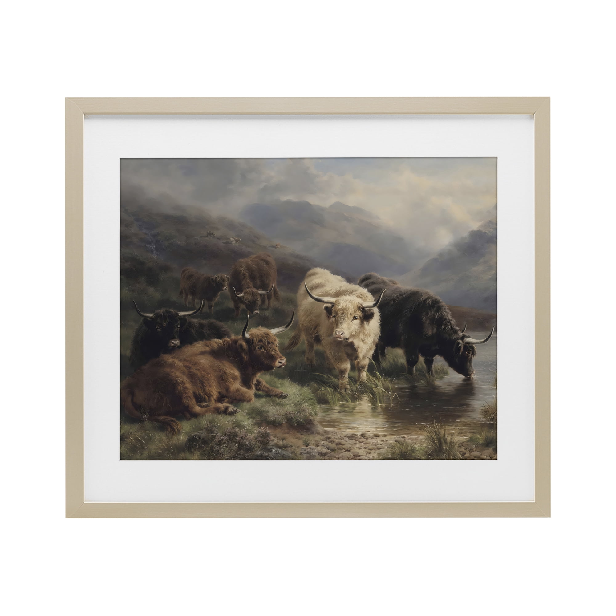 Stupell Industries Highland Cows Beside Misty Loch Birch Framed Print Under Glass, design by Arlington Prints