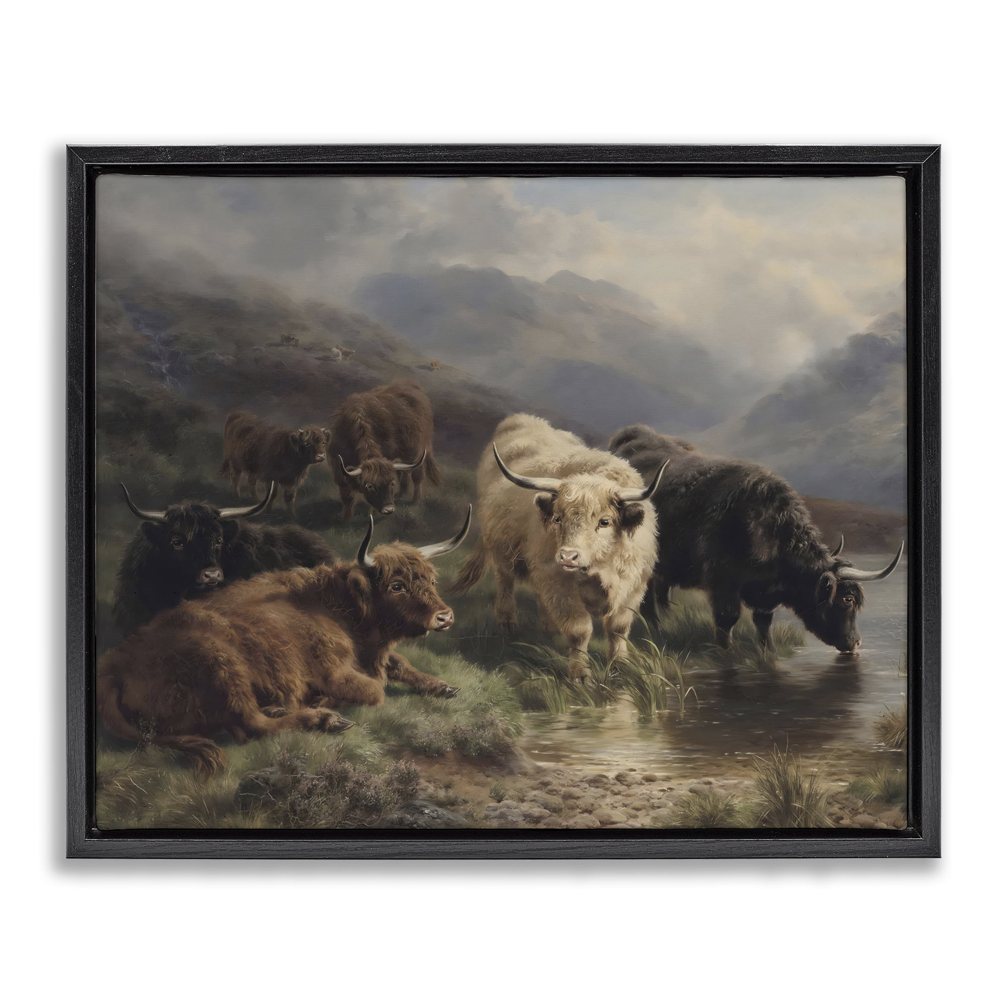 Stupell Industries Highland Cows Beside Misty Loch Black Framed Floater Canvas Wall Art, design by Arlington Prints