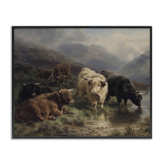 Stupell Industries Southwestern Highland Cows Beside Misty Loch Black Framed Giclee Art, 14 x 11, by Arlington Prints