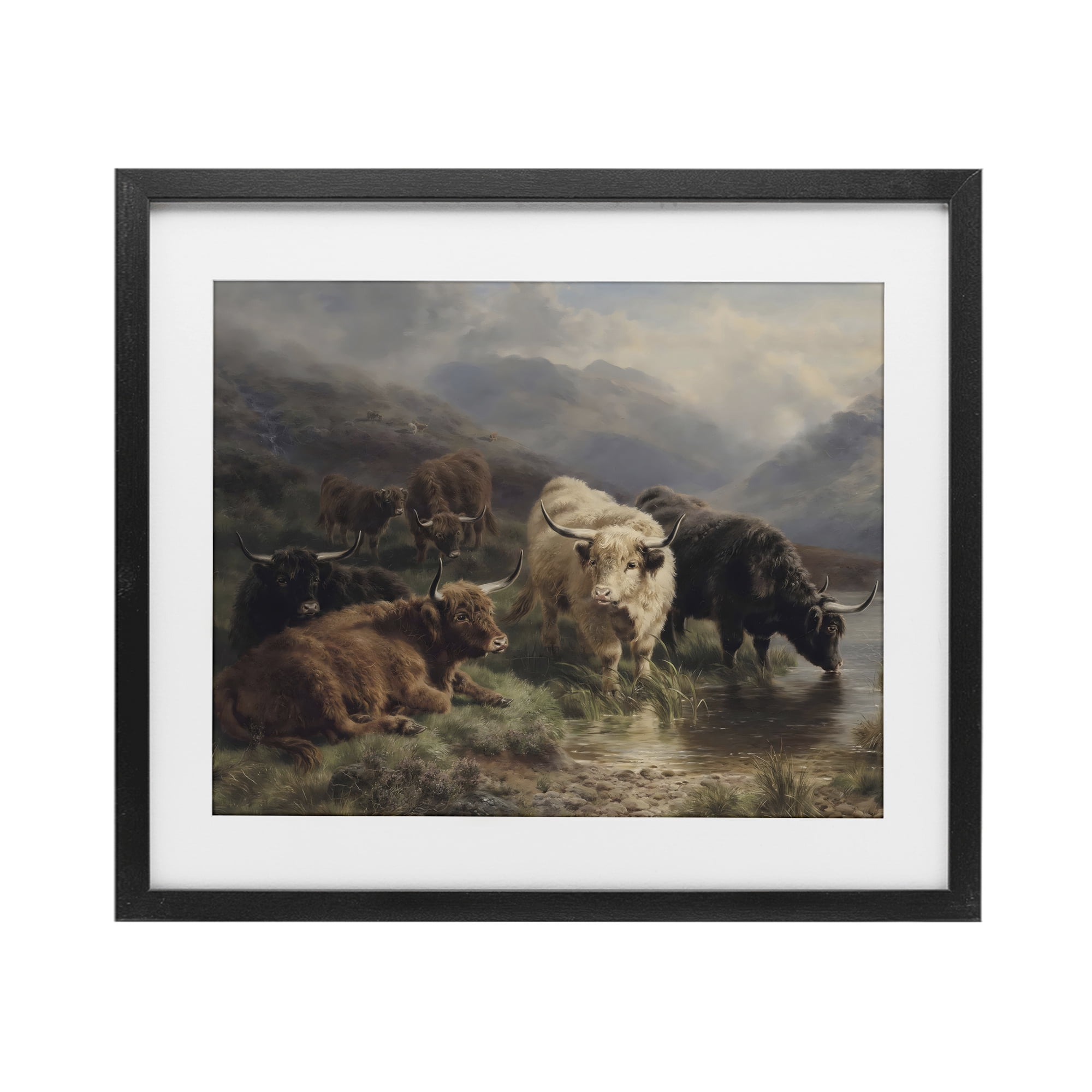 Stupell Industries Highland Cows Beside Misty Loch Black Framed Print Under Glass, design by Arlington Prints