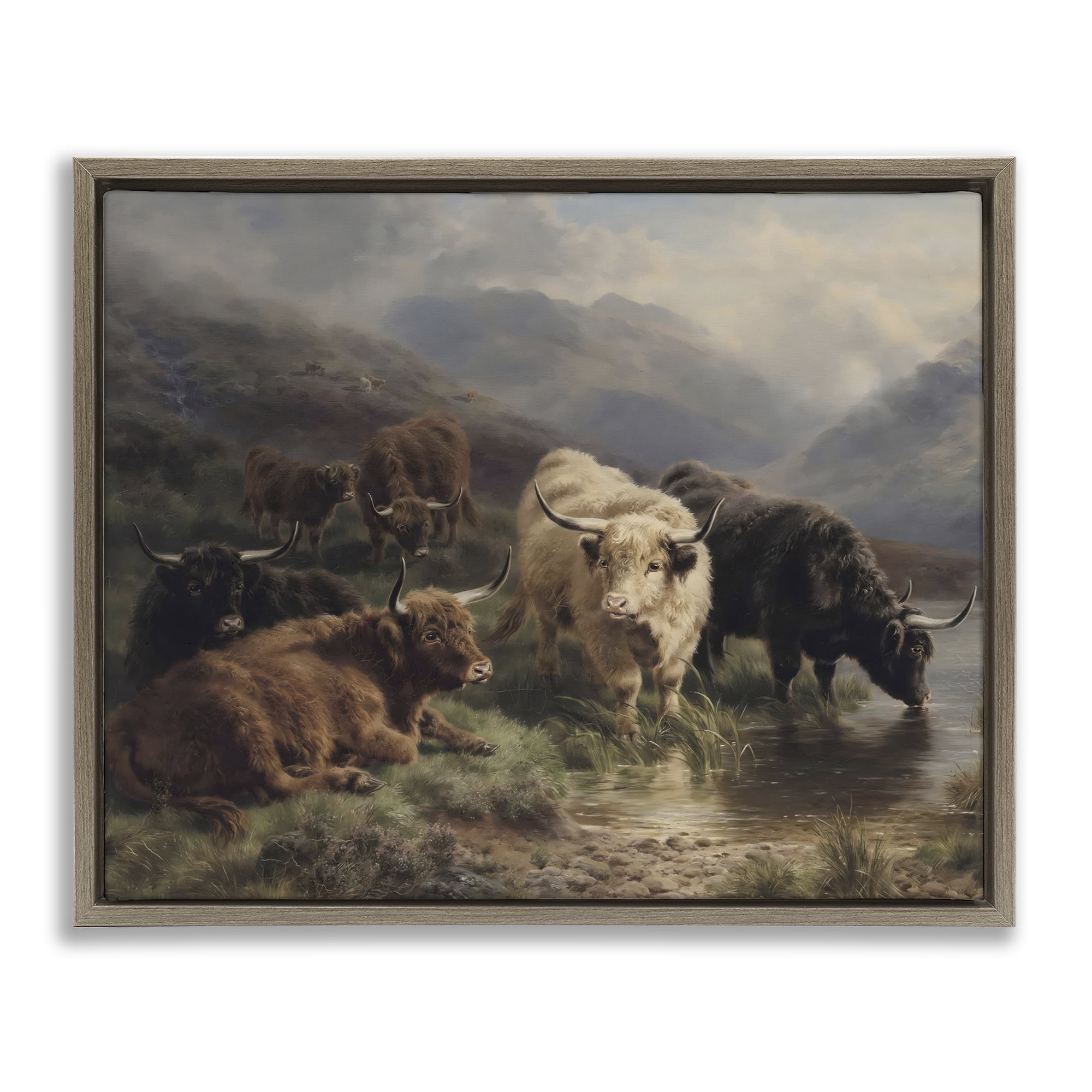 Stupell Industries Highland Cows Beside Misty Loch Brown Framed Floater Canvas Wall Art, design by Arlington Prints