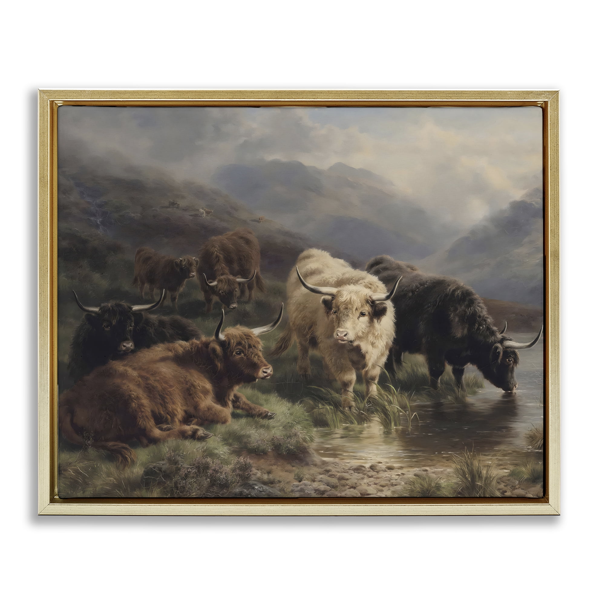 Stupell Industries Highland Cows Beside Misty Loch Gold Framed Floater Canvas Wall Art, design by Arlington Prints