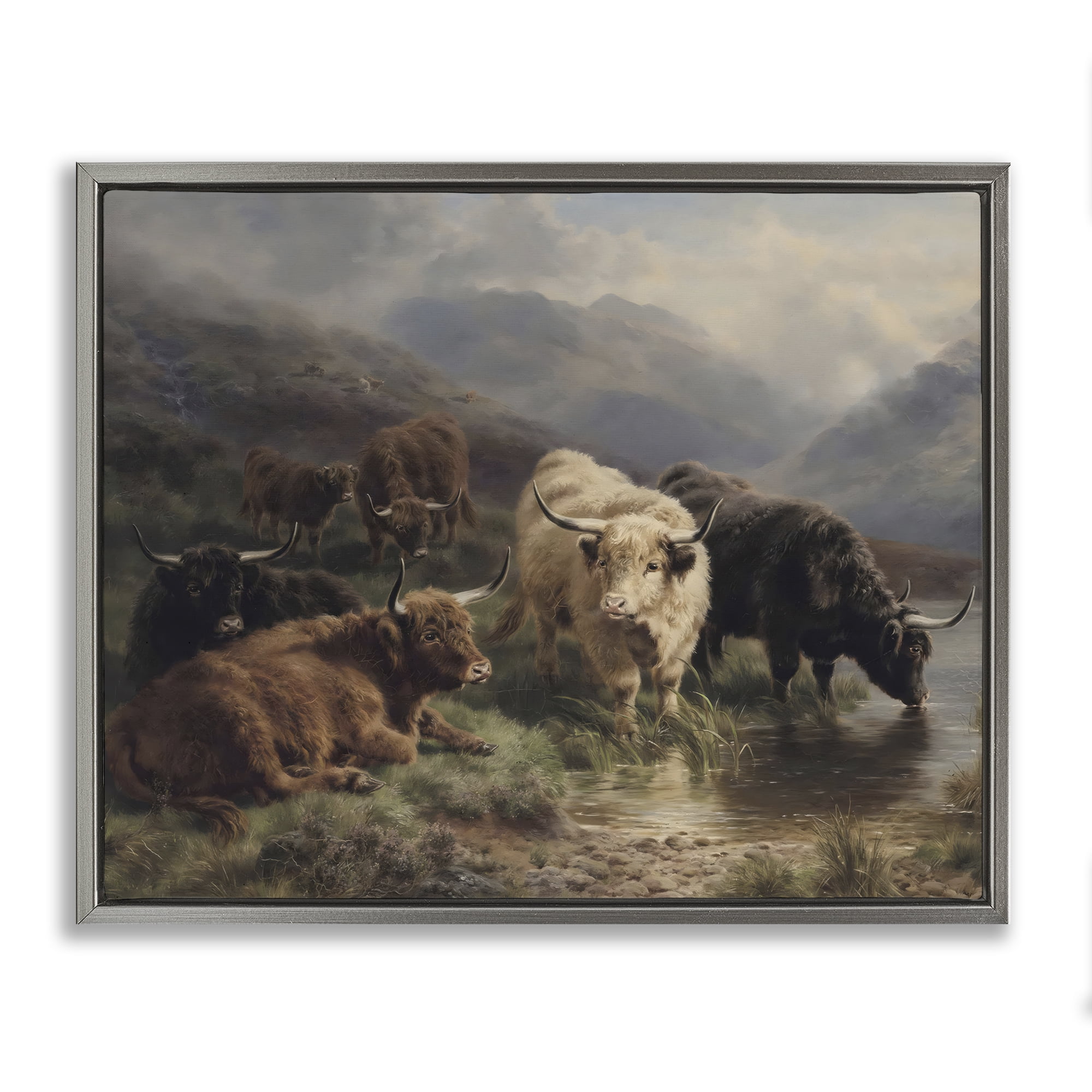 Stupell Industries Highland Cows Beside Misty Loch Gray Framed Floater Canvas Wall Art, design by Arlington Prints