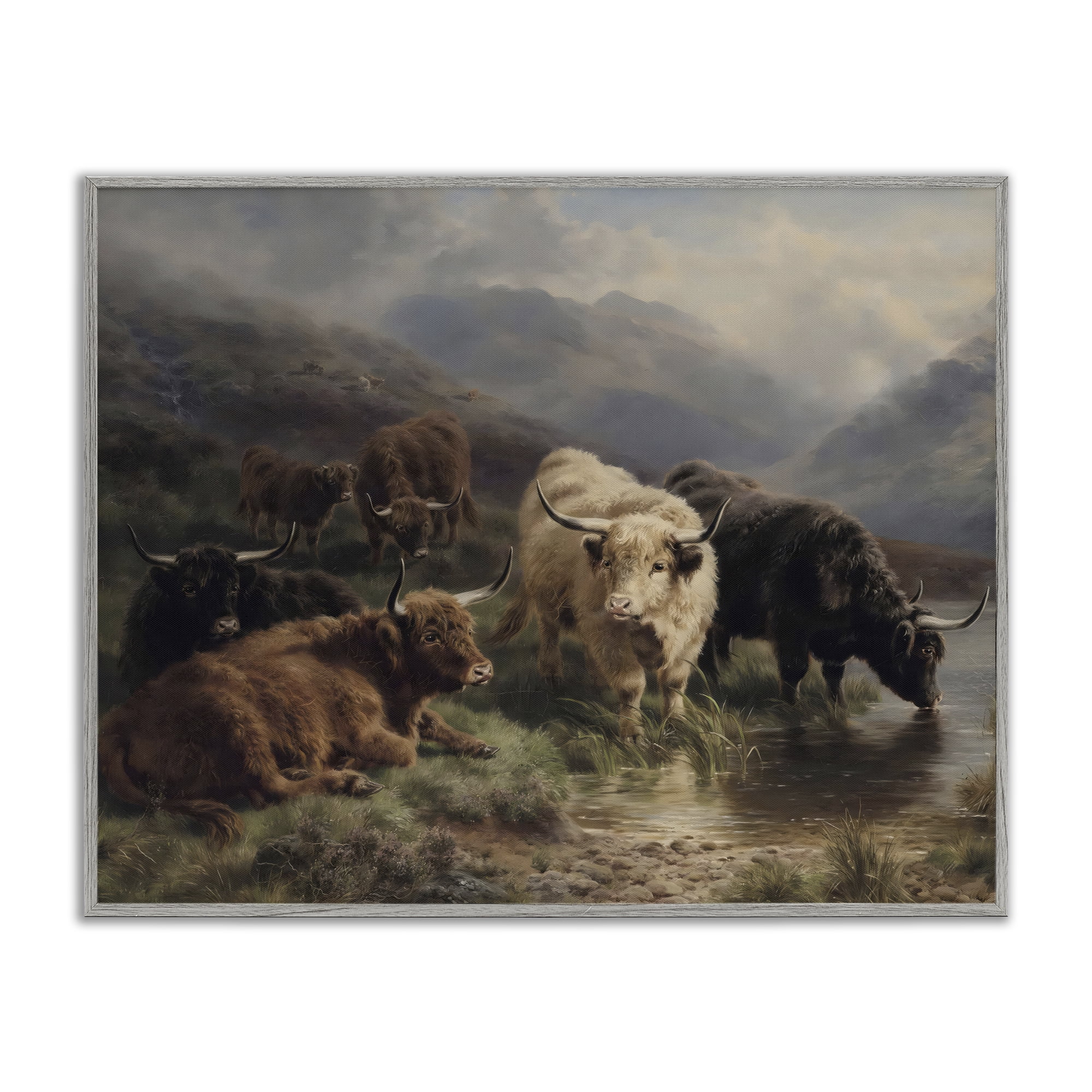 Stupell Industries Highland Cows Beside Misty Loch Gray Framed Giclee Art, design by Arlington Prints