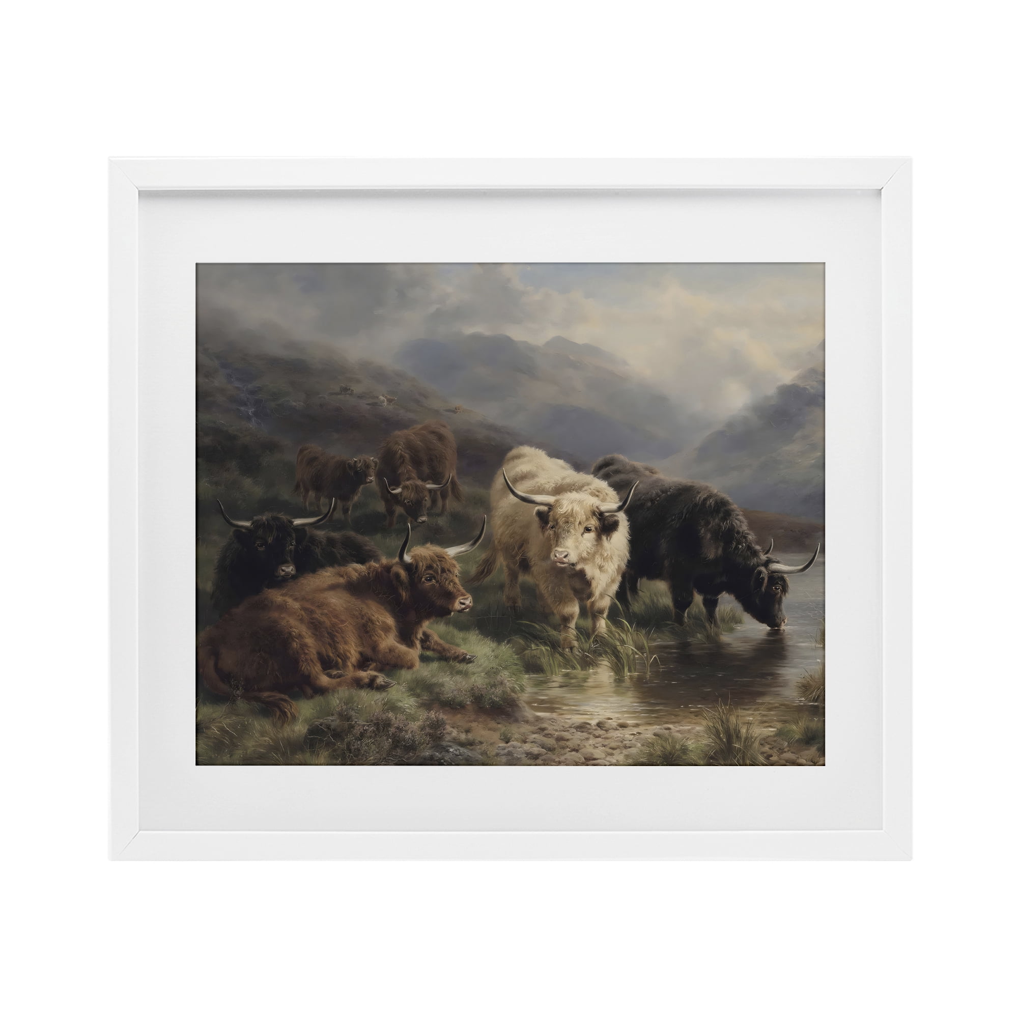 Stupell Industries Highland Cows Beside Misty Loch White Framed Print Under Glass, design by Arlington Prints