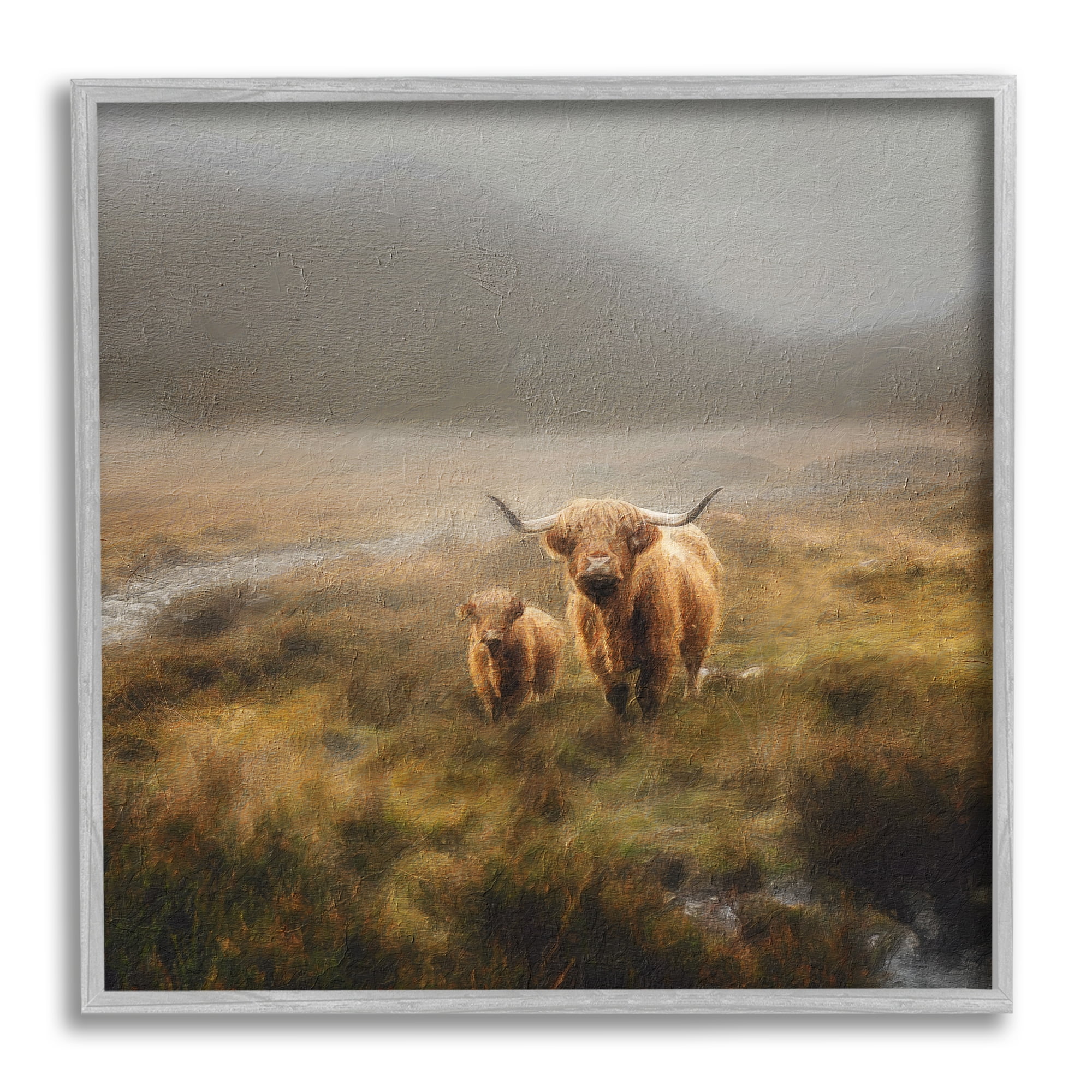 Stupell Industries Highland Cows Rural Landscape Animals & Insects Photography Gray Framed Art Print Wall Art, 24 x 24
