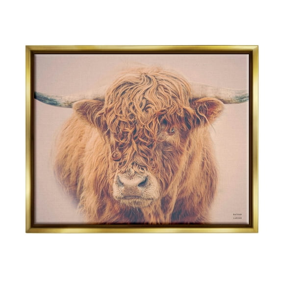 Stupell Industries Highland in Winter Fog Brown Cow Photograph Metallic Gold Floating Framed Canvas Print Wall Art, Design by Nathan Larson